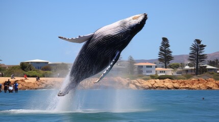 Whale Jumping From Open Water in Sea Under Blue Cloudy Sky With Bright Sun