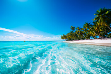 Fototapeta premium beach with palm trees and blue water, tropical island, beautiful in the world wallpaper, landscape and background. ai generation