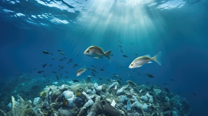 Fototapeta na wymiar Fish and plastic pollution. Envrionmental problem - plastics contaminate seafood