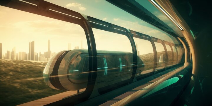  Hyperloop Train Inside Glass Tube Speeding Through Green Hill Skyline with Wind Turbines, Embracing Sustainable and Eco-Friendly Transportation Innovation