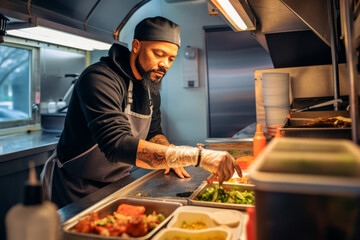 Urban food truck entrepreneur passionately assembling mouth-watering street cuisine, authenticity...