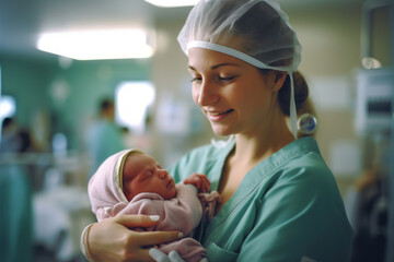 Nurse cradling a day-old infant, newborn baby, displaying genuine emotions of nurture and care. Tender healthcare moment captured in a modern hospital setting - obrazy, fototapety, plakaty