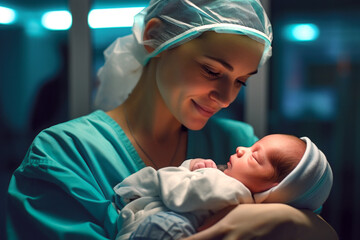 Nurse cradling a day-old infant, newborn baby, displaying genuine emotions of nurture and care. Tender healthcare moment captured in a modern hospital setting