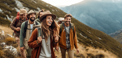 Fototapeta na wymiar Young energetic group exploring wilderness. Gen Z hikers enjoying mountain trail, encapsulating a sense of vitality, adventure, and camaraderie in nature