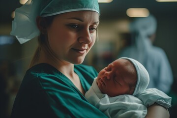 Nurse cradling a day-old infant, newborn baby, displaying genuine emotions of nurture and care. Tender healthcare moment captured in a modern hospital setting - obrazy, fototapety, plakaty