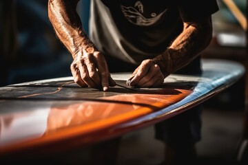 Skilled craftsman meticulously crafting a bespoke surfboard, a testament to artistry and devotion in carpentry. Close-up shot, highlighting the diligence in each stroke. - Powered by Adobe