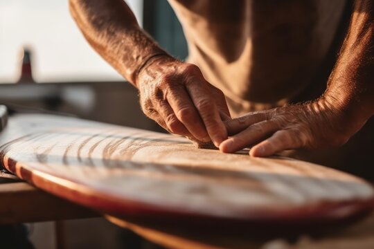 Skilled craftsman meticulously crafting a bespoke surfboard, a testament to artistry and devotion in carpentry. Close-up shot, highlighting the diligence in each stroke. - Powered by Adobe