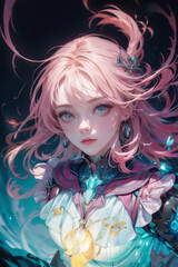 Fototapeta premium Black and Pink beautiful girl with blue lights ornament background background. Anime girl in fantasy world.
