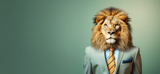 Lion in smart business suit and tie, looking serious businessman. Wide banner with copy space on side. Generative AI