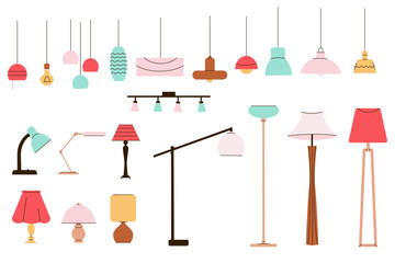 Set of lamp. Vector collection of floor lamp table lamp ceiling lamp. Vector cartoon set.