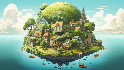 Village with many houses, trees and vegetation on an island. AI generated