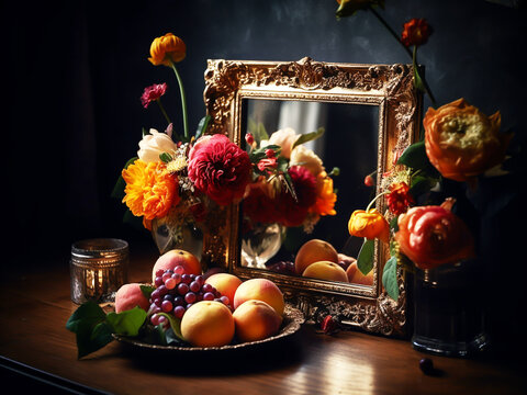 Still life image with food and flowers next to a mirror. AI generated