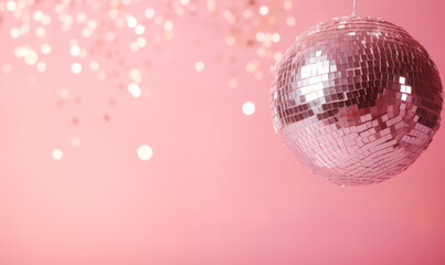 Fototapeta na wymiar Mirror ball against a pink background with confetti. Party background