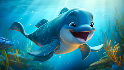 Cute cartoon of a baby whale for illustrations for children. AI Generated