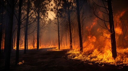 Naklejka na ściany i meble Intense flames from a massive forest fire. Flames light up the night as they rage thru pine forests and sage brush