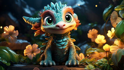 Cute cartoon of a baby dragon for illustrations for children. AI Generated