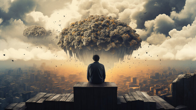 Illustration of depression and overthinking state of mind, world day of mental health