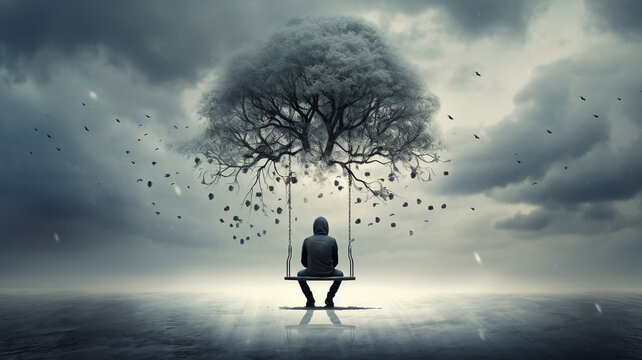 Illustration of depression and overthinking state of mind, world day of mental health