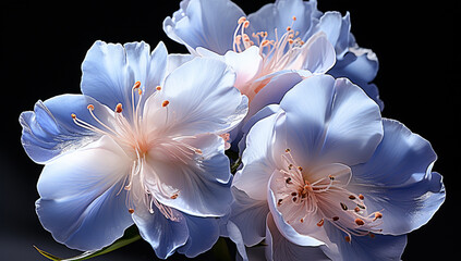 Closeup of blue canna lilies on dark background. AI generated