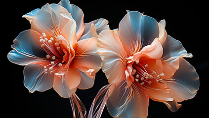 Illustration of glowing light orange transparent flowers with blue light. AI Generated