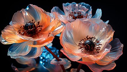 Illustration of glowing light orange transparent flowers with blue light. AI Generated