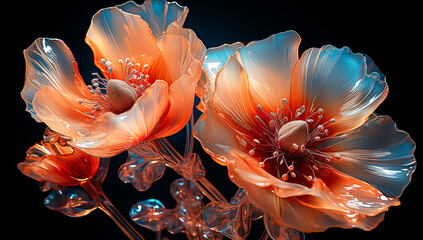 Illustration of glowing light orange transparent flowers with blue light. AI Generated