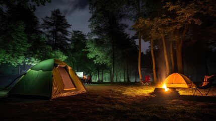 camping in the night with fire