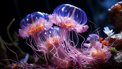 Illustration of glowing sea jellyfishes underwater. AI generated