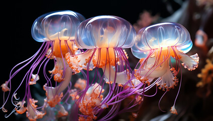 Obraz premium Illustration of glowing sea jellyfishes underwater. AI generated