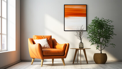 Living room with minimalist decor and a light orange sofa. AI generated