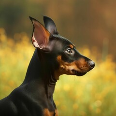 Profile portrait of a cute Doberman Pinscher puppy in the nature. Doberman Pinscher pup portrait on sunny summer day. Outdoor portrait of a beautiful young dog in summer field. AI generated dog.