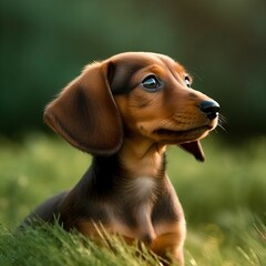 Profile portrait of a cute Dachshund puppy in the nature. Dachshund pup portrait on sunny summer day. Outdoor portrait of a beautiful young dog in a summer field. AI generated dog illustration.