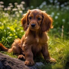 English Cocker Spaniel puppy sitting on the green meadow in a summer green field. Portrait of a cute English Cocker Spaniel pup sitting on the grass with a summer landscape in the background.