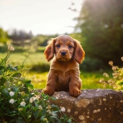 English Cocker Spaniel puppy standing on the green meadow in a summer green field. Portrait of a cute English Cocker Spaniel pup standing on the grass with a summer landscape in the background.