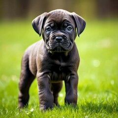 Cane Corso puppy standing on the green meadow in summer green field. Portrait of a cute Cane Corso pup standing on the grass with a summer landscape in the background. AI generated dog illustration.