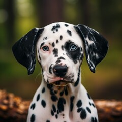 Dalmatian puppy portrait on a sunny summer day. Closeup portrait of a cute purebred Dalmatian pup in the field. Outdoor portrait of a beautiful puppy in summer field. AI generated dog illustration.
