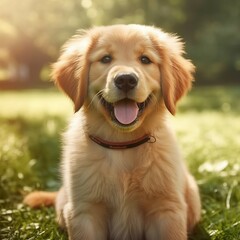 Golden Retriever puppy portrait on a sunny summer day. Closeup portrait of a purebred Golden Retriever pup in the field. Outdoor portrait of a beautiful dog in summer field. AI generated.