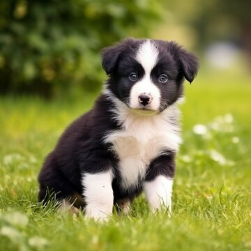 Border Collie puppy sitting on the green meadow in summer green field. Portrait of a cute Border Collie pup sitting on the grass with summer landscape in the background. AI generated dog