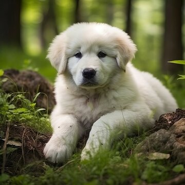 Great Pyrenees puppy lying on the green meadow in summer green field. Portrait of a cute Great Pyrenees pup lying on the grass with summer landscape in the background. AI generated dog
