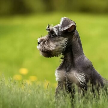 Profile portrait of a cute Miniature Schnauzer puppy in the nature. Miniature Schnauzer pup portrait on sunny summer day. Outdoor portrait of a beautiful young dog in summer field. AI generated dog.