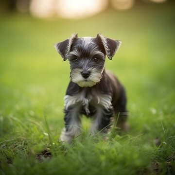 Miniature Schnauzer puppy standing on the green meadow in summer green field. Portrait of a cute Miniature Schnauzer pup standing on the grass with summer landscape in the background. AI generated dog