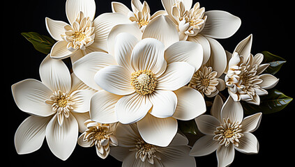Detail of white magnolias on black background. AI generated