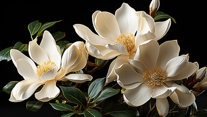 Detail of white magnolias on black background. AI generated