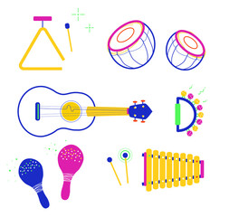 Pop fluo Line art minimal style music icons group. Music festival, concert, event with maracas, ukulele, drum, triangle, bells and xylophone colored style culture
