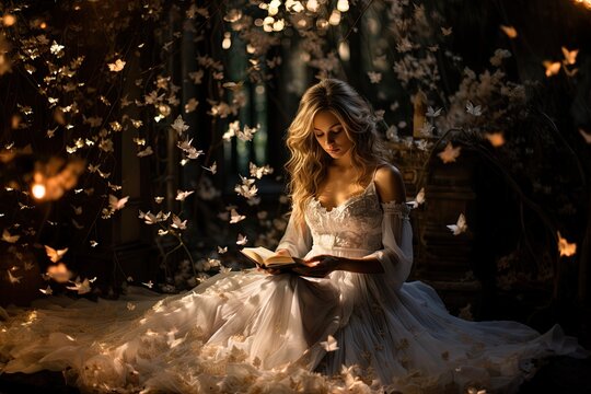 woman in a long white dress sitting on the floor reading a book with paper butterflies - imagination - magical mystical story telling - fantasy books - fairytale scene - generative ai 