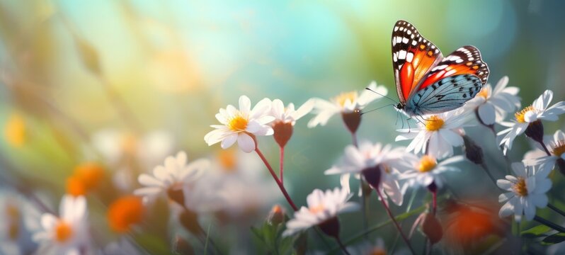 Summar flowers animal background - Closeup of beautiful butterfly on blooming spring summer flower (Generative Ai)