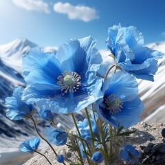 Beautiful illustration of blooming flowers of blue Himalayan poppy. Beautiful blooming spring blue flowers, closeup.   Himalayan poppies outdoors shot against mountains. Scenic nature with flowers