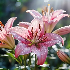Fototapeta premium Beautiful illustration of blooming flowers of pink Lilies. Pink Lilies with water drops on leaves, outdoors shot in botanical garden. Scenic spring nature with pink flowers