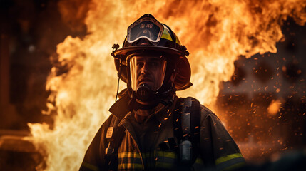 Naklejka premium Raging Flames and Heroes: Firefighters Facing the Inferno, Generative AI