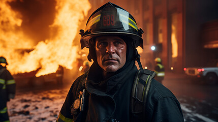 Fototapeta premium Braving the Heat: Firefighters in Intense Battle, Generative AI